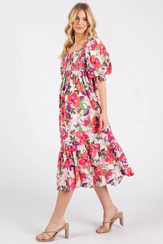 Mittoshop Flower Print Puff Sleeve Ruffle Smocked Midi Dress - Shop Style & More | Fresh Looks, Everyday Deals & Free Shipping