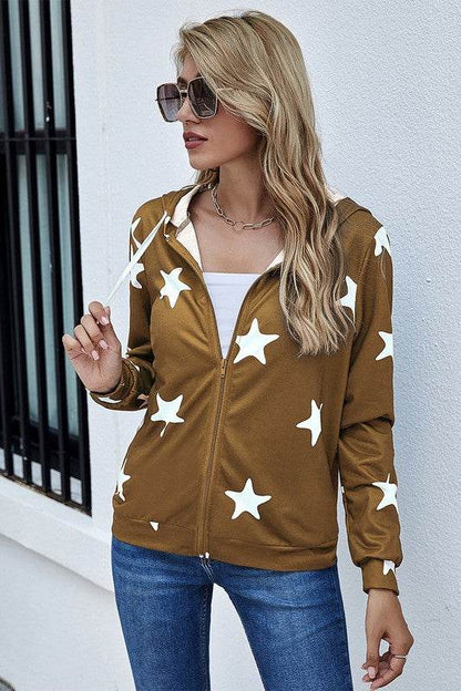 Stars Print Zip Up Long Sleeve Drawstring Hoodie - Shop Style & More | Fresh Looks, Everyday Deals & Free Shipping