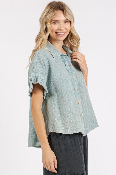 Mittoshop Mineral Washed Button Down Flounce Sleeve Shirt Blouses