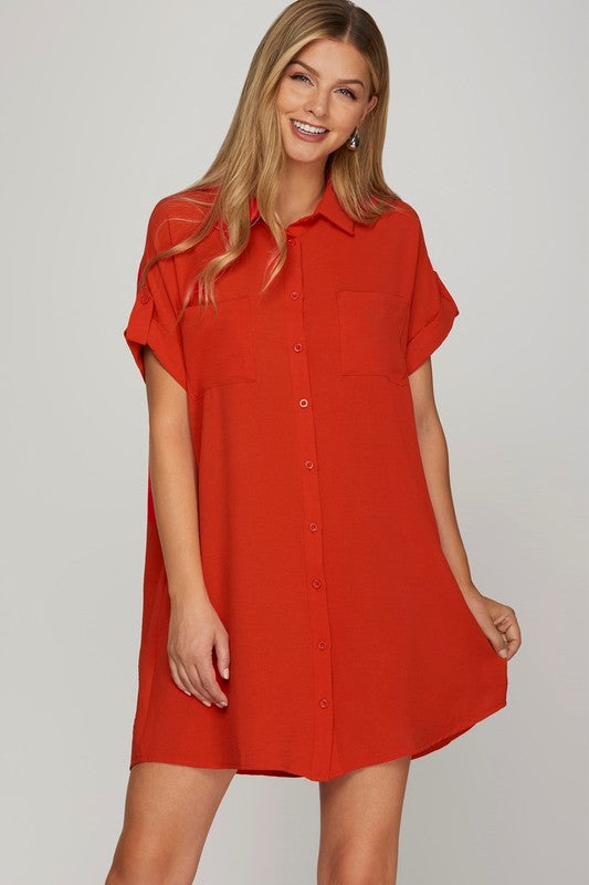 She + Sky Full Size Button Down Short Sleeve Woven Shirt Dress Plus Size Deep Red Casual Dresses