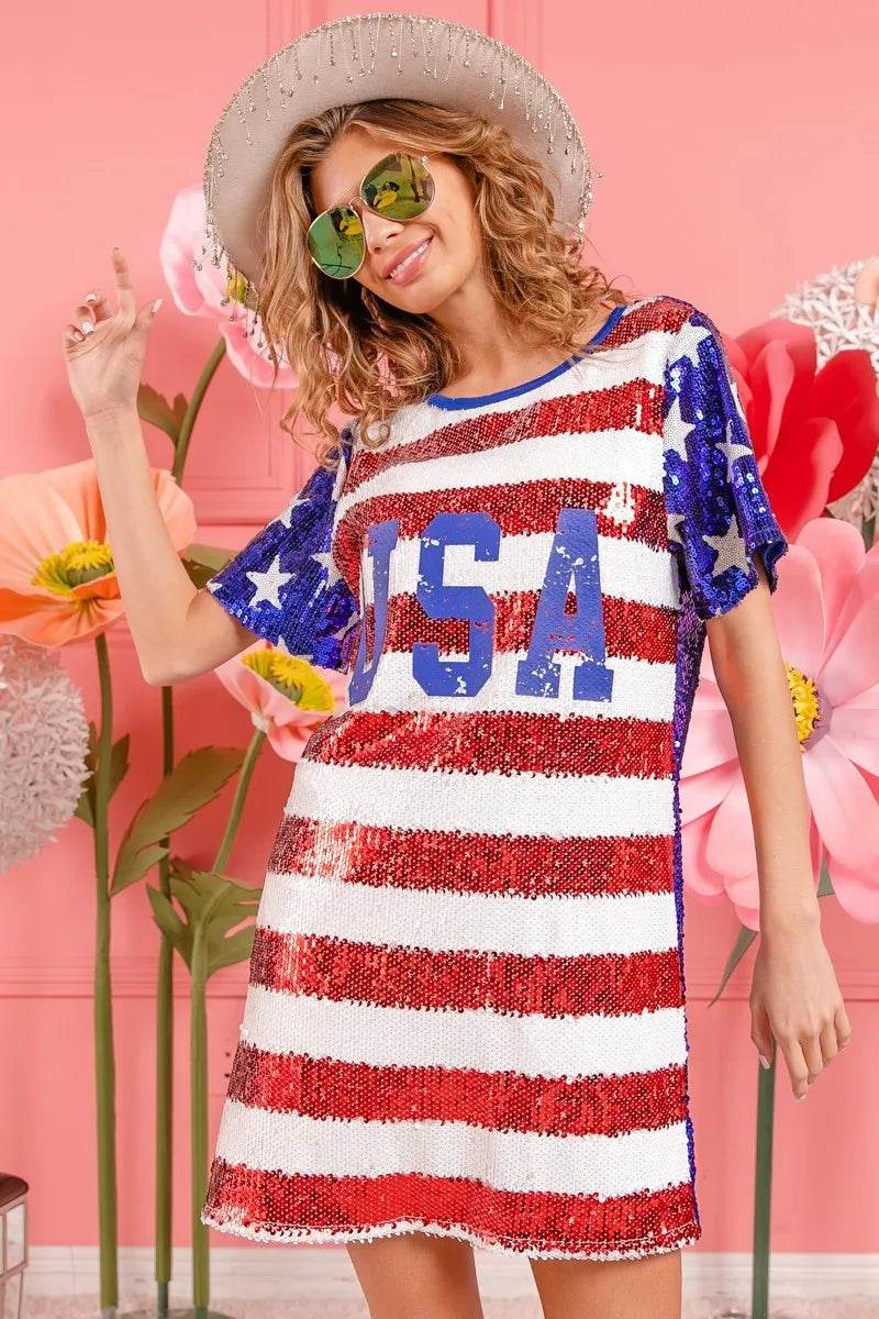 BiBi American Flag Theme Usa Print Sequin Dress - Shop Style & More | Fresh Looks, Everyday Deals & Free Shipping