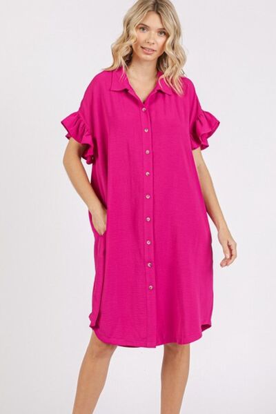 Mittoshop Button Down Flounce Sleeve Dress with Pockets Casual Dresses