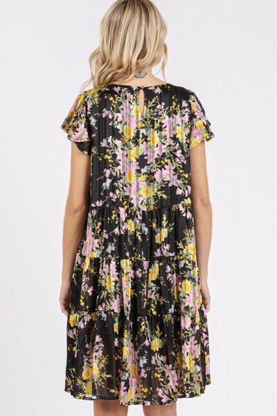 Mittoshop Flower Print Round Neck Flutter Sleeve Tiered Dress Casual Dresses