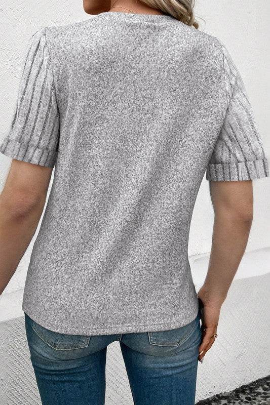 Alma Ribbed Splicing Sleeve Round Neck Top - Shop Style & More | Fresh Looks, Everyday Deals & Free Shipping