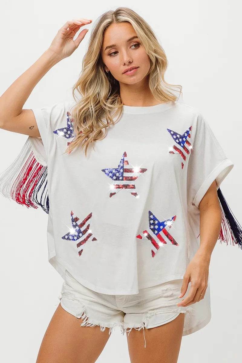 BiBi American Flag Sequin Star Fringe Top - Shop Style & More | Fresh Looks, Everyday Deals & Free Shipping