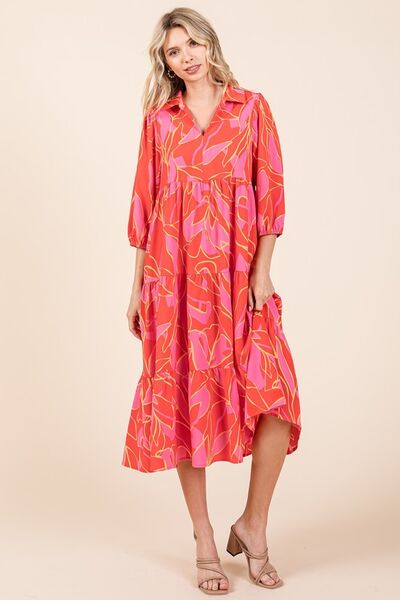 Mittoshop Tiered Printed Collared Neck Midi Dress Coral Casual Dresses