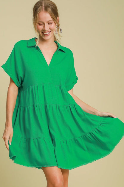 Umgee Full Size Raw Hem Folded Sleeve Tiered Dress Plus Size Green Casual Dresses