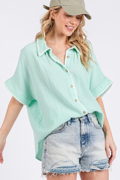 SAGE+FIG Boho Contrast Zigzag Trim Gauze Button-Up Shirt Blouses