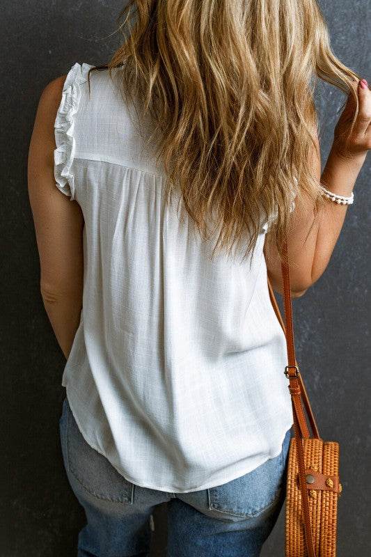 Savan Button Split Neck Ruffled Trim Tank Top - Shop Style & More | Fresh Looks, Everyday Deals & Free Shipping