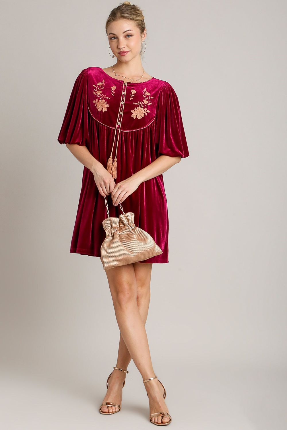 Umgee Embroidered Half Sleeve Velvet Mini Dress with Tassel Casual Dresses