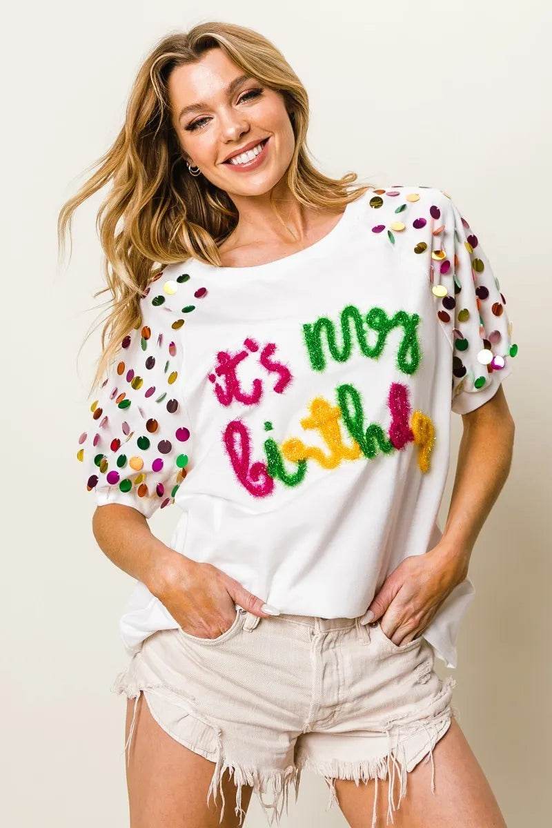 BiBi Metallic Letter Spangle Raglan Puff Sleeve Top - Shop Style & More | Fresh Looks, Everyday Deals & Free Shipping