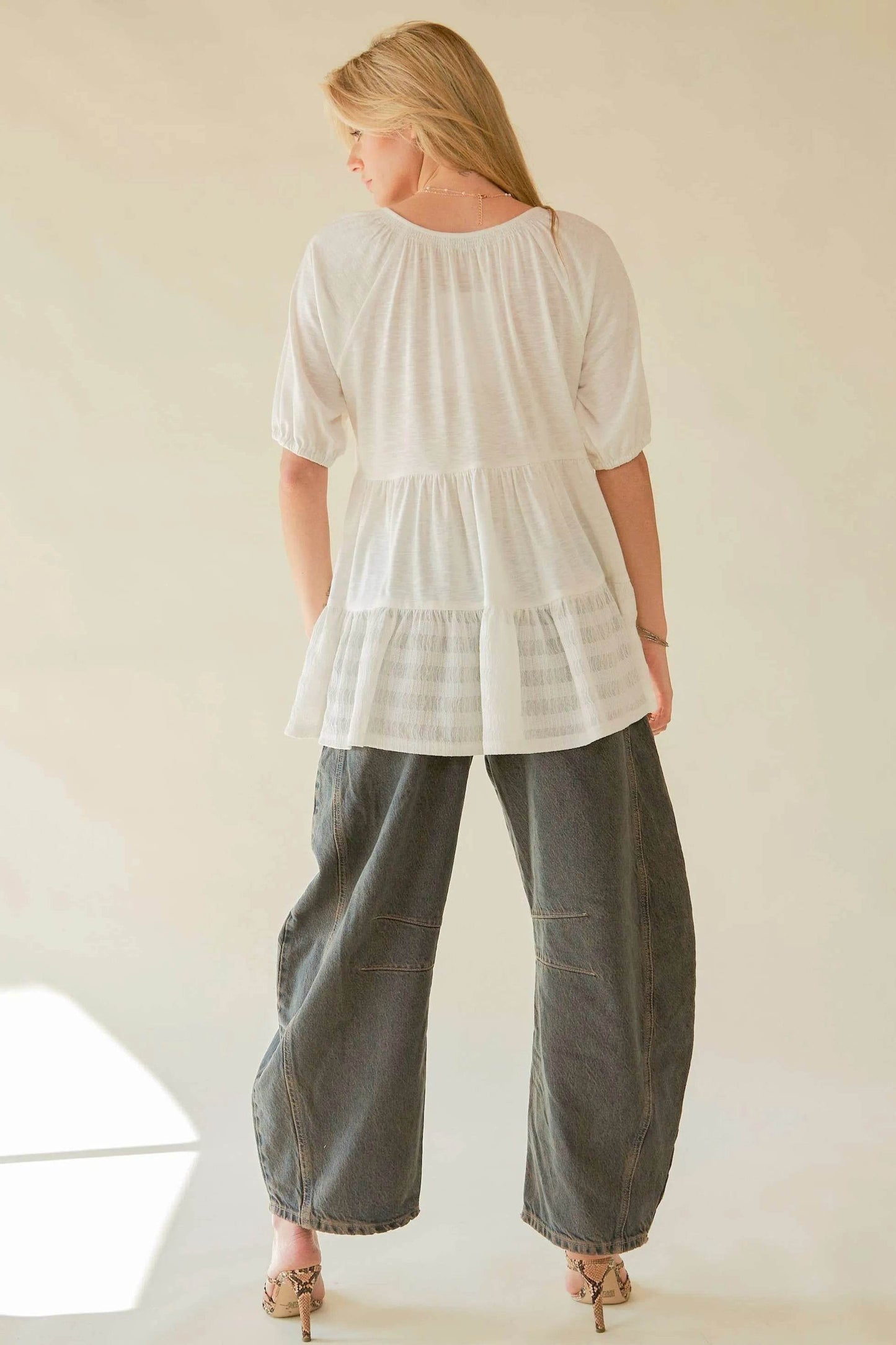Davi & Dani Ruffled Flared Short Sleeve V Neck Blouse - Shop Style & More | Fresh Looks, Everyday Deals & Free Shipping
