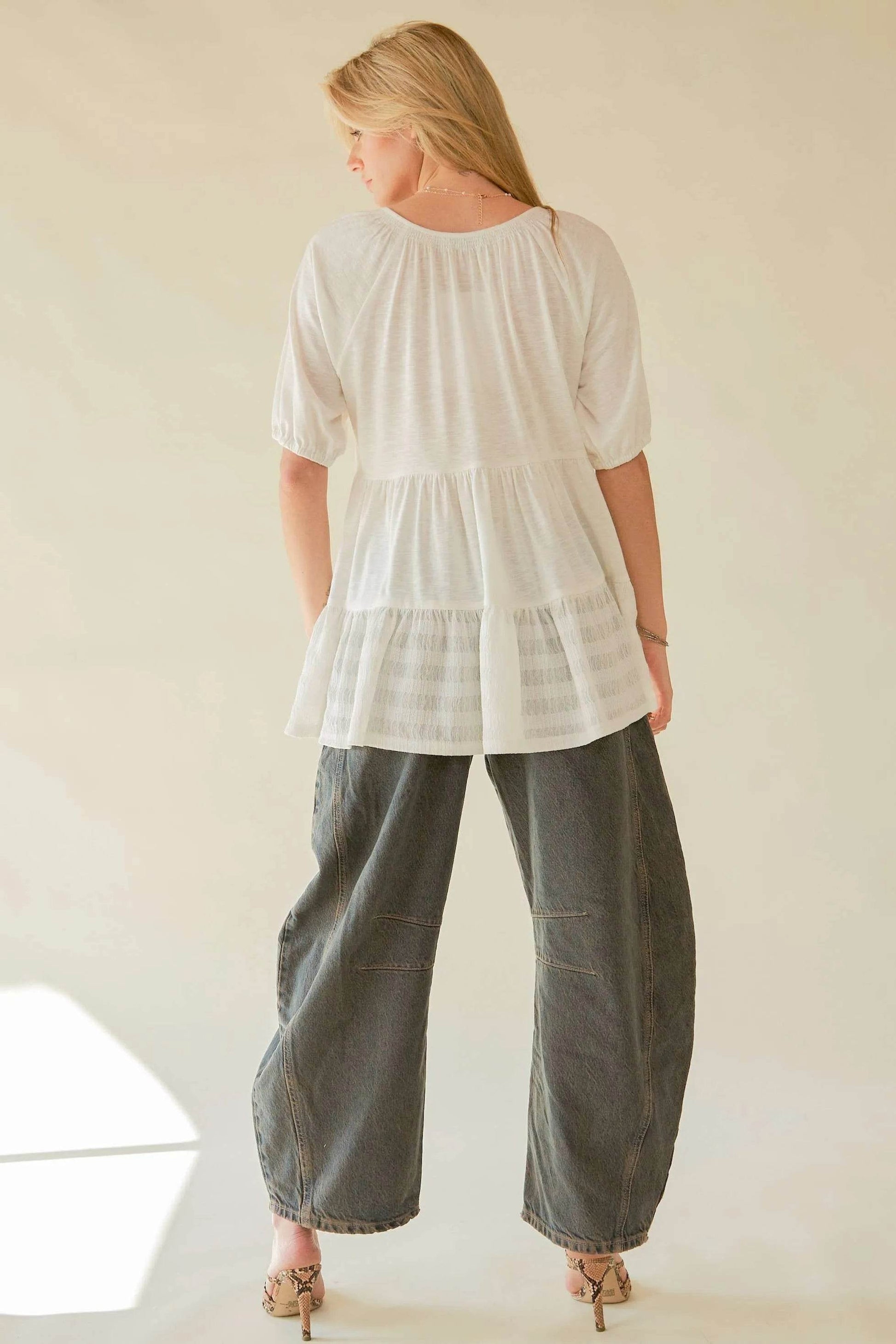 Davi & Dani Ruffled Flared Short Sleeve V Neck Blouse - Shop Style & More | Fresh Looks, Everyday Deals & Free Shipping