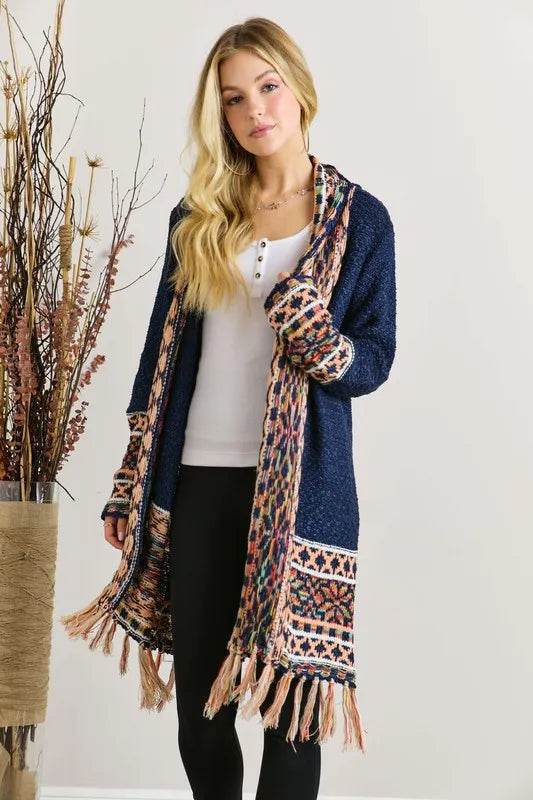 ADORA Full Size Fringe Hem Aztec Border Cardigan Plus Size - Shop Style & More | Fresh Looks, Everyday Deals & Free Shipping
