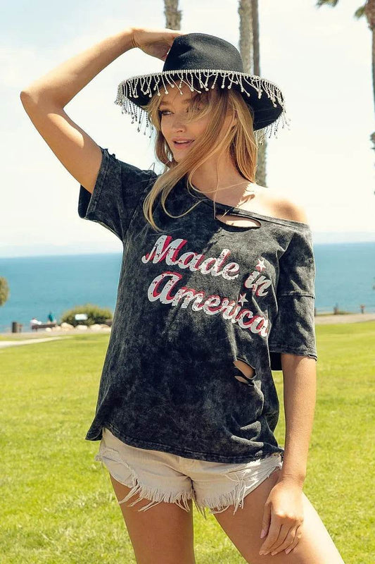 BiBi Laser Cut Mineral Washed America Print Top - Shop Style & More | Fresh Looks, Everyday Deals & Free Shipping