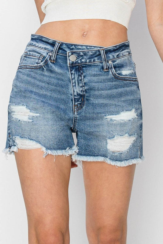 RISEN Stepped Waist Frayed Denim Shorts - Shop Style & More | Fresh Looks, Everyday Deals & Free Shipping
