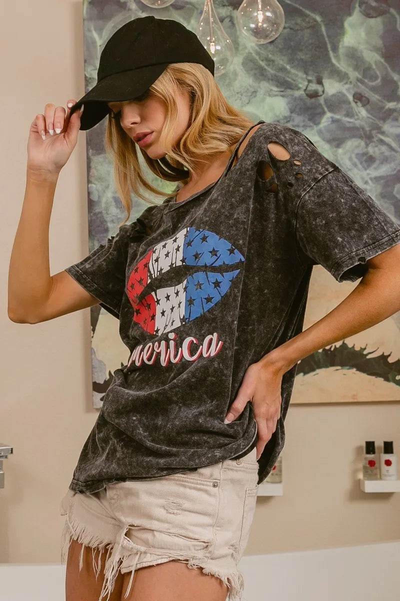 BiBi Laser Cut Mineral Washed Old Glory Lip Print Top - Shop Style & More | Fresh Looks, Everyday Deals & Free Shipping