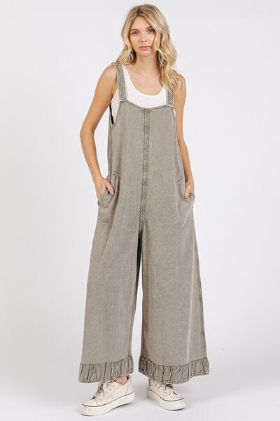 Mittoshop Ruffled Hem Wide Leg Overalls with Pockets LT MOSS Jumpsuits