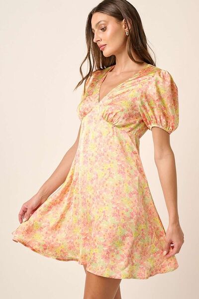 Mittoshop Printed V-Neck Puff Sleeve Mini Dress Yellow Combo Casual Dresses