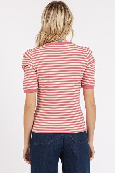 Mittoshop Striped Round Neck Puff Sleeve T-Shirt Blouses