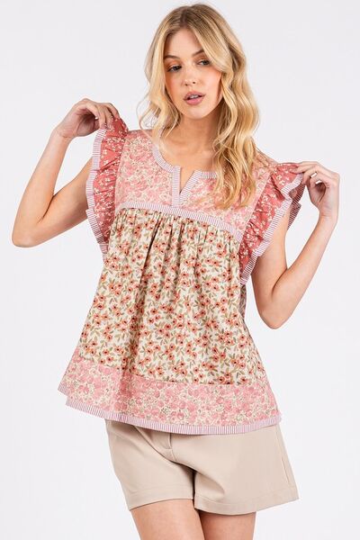 Mittoshop Floral Notched Ruffled Cap Sleeve Blouse Blouses