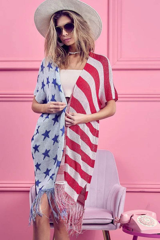 BiBi American Flag Theme Fringed Knit Cardigan - Shop Style & More | Fresh Looks, Everyday Deals & Free Shipping