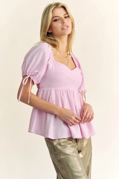 Davi & Dani Solid Elastic Peplum Puffed Sleeves Blouse - Shop Style & More | Fresh Looks, Everyday Deals & Free Shipping