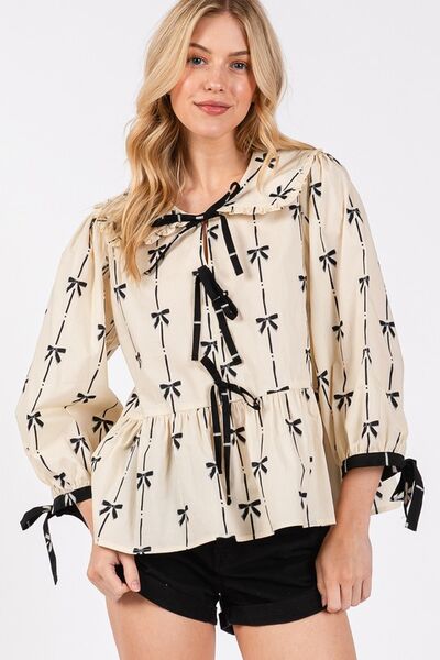 SAGE + FIG Bow Print Tie Front Babydoll Blouse Blouses