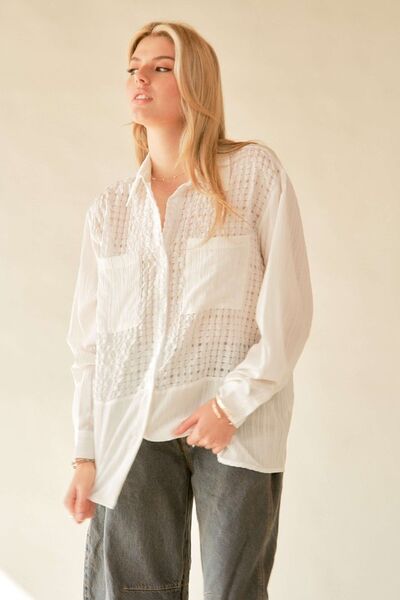 Davi & Dani Crinkled Jacquard Button Down Shirt Blouses