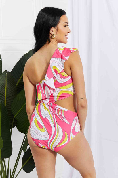 Marina West Pink Cutout Ruffle Swimsuit with Asymmetric Cutout Design One-Piece Swimwear