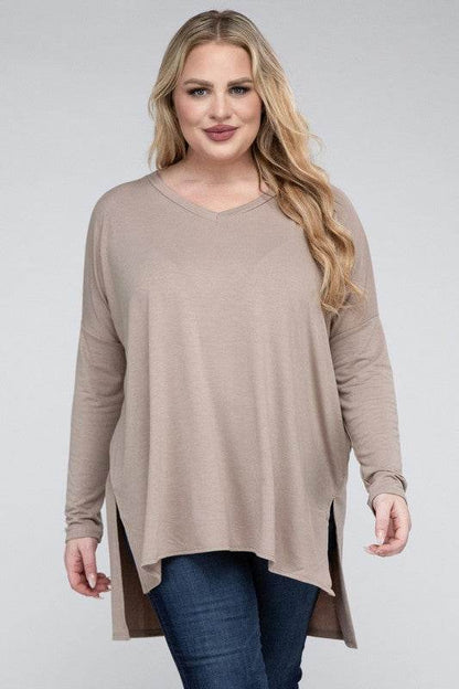 Plus Dolman Sleeve V-Neck Side Slit Hi-Low Hem Top - Shop Style & More | Fresh Looks, Everyday Deals & Free Shipping