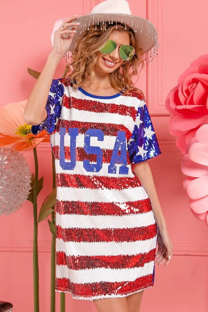 BiBi American Flag Theme Usa Print Sequin Dress - Shop Style & More | Fresh Looks, Everyday Deals & Free Shipping