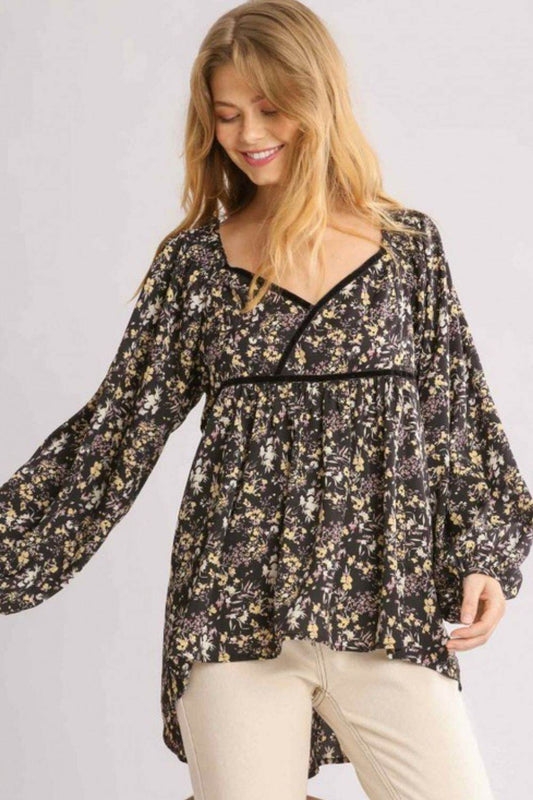 Umgee Full Size Floral Print Velvet Trimmed Balloon Sleeve Top Plus Size - Shop Style & More | Fresh Looks, Everyday Deals & Free Shipping