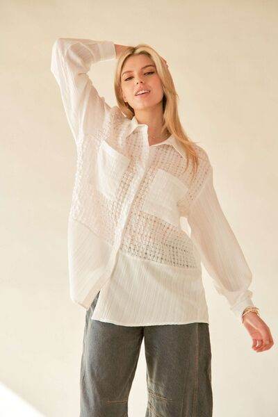 Davi & Dani Crinkled Jacquard Button Down Shirt - Shop Style & More | Fresh Looks, Everyday Deals & Free Shipping