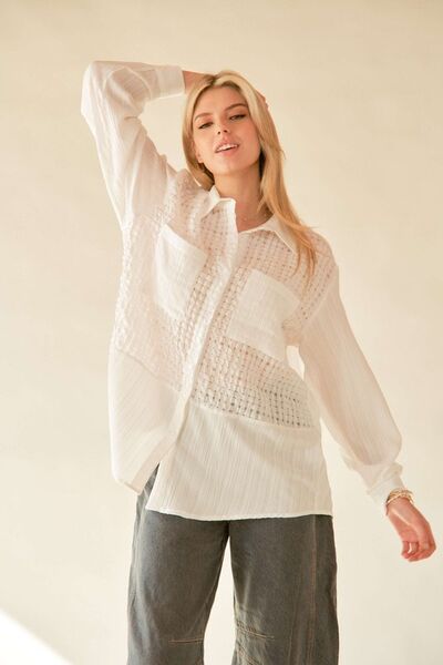 Davi & Dani Crinkled Jacquard Button Down Shirt White Blouses