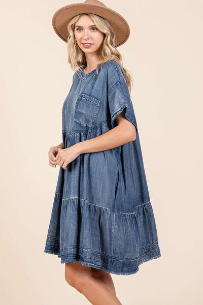 Mittoshop Washed Chambray Denim Oversized Tier Mini Dress Casual Dresses