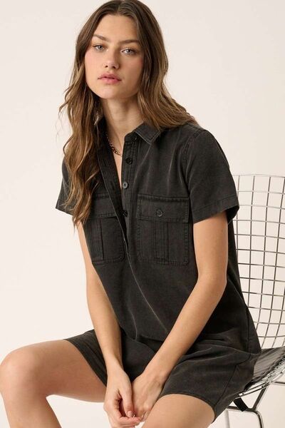 Mittoshop Button Detail Collared Neck Short Sleeve Shirt Dress Black Casual Dresses