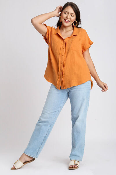 Umgee Full Size Frayed Hem Collared Neck Short Sleeve Shirt Plus Size Blouses