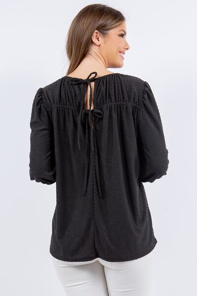 Celeste Full Size Puff Sleeve and Bow Detail Top Plus Size Blouses