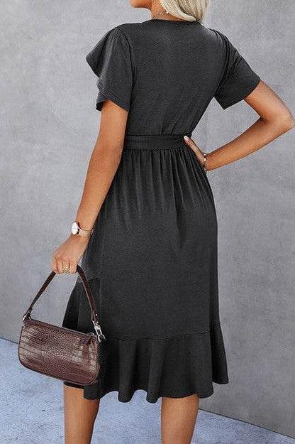 Petal Sleeve Ruffle Trim Wrap Belted Midi Dress - Shop Style & More | Fresh Looks, Everyday Deals & Free Shipping