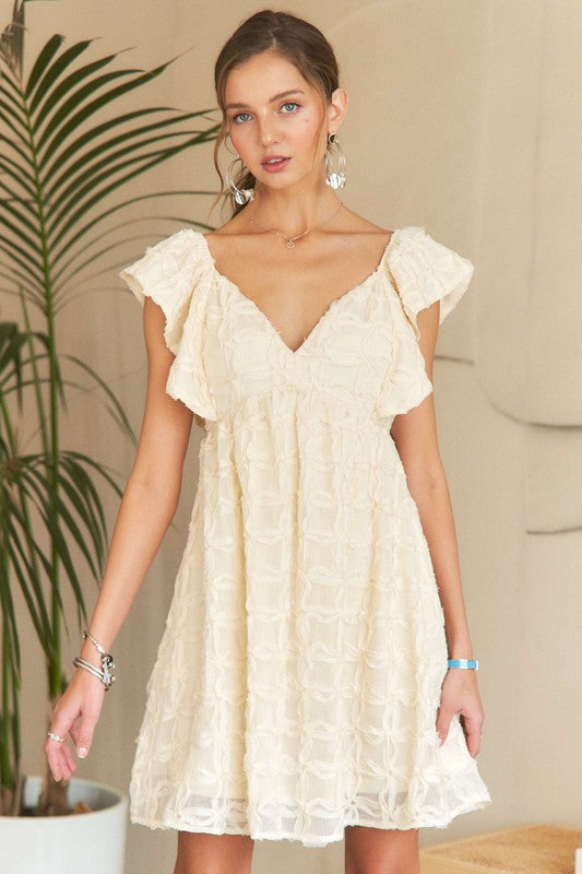 ADORA Tie Back V-Neck Ruffle Sleeve Dress Ivory Casual Dresses