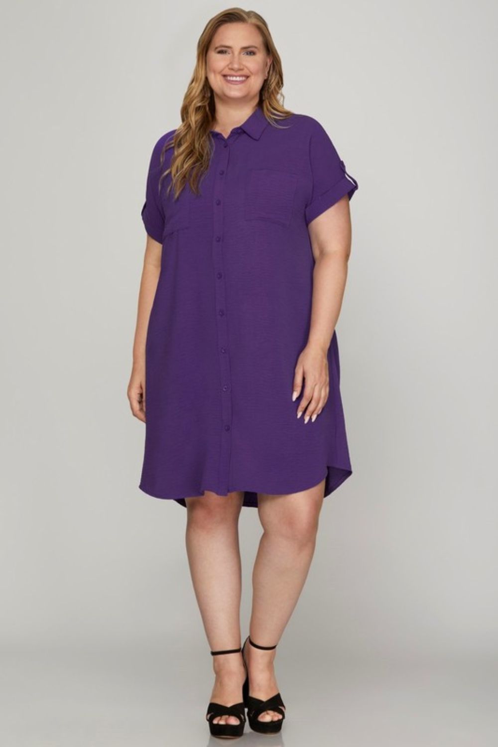 She + Sky Full Size Button Down Short Sleeve Woven Shirt Dress Plus Size Casual Dresses