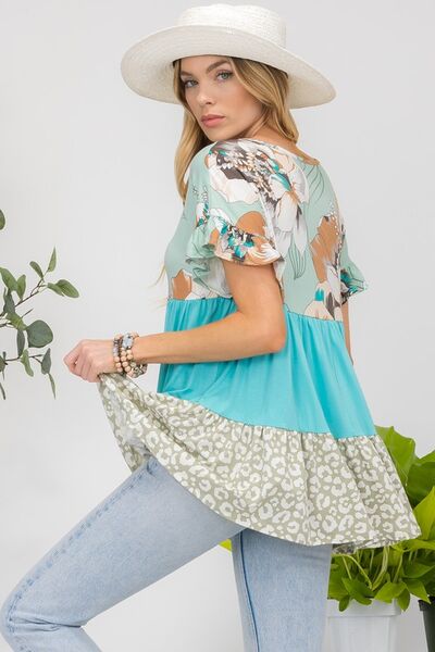 Celeste Printed Color Block Ruffled Short Sleeve Top Blouses