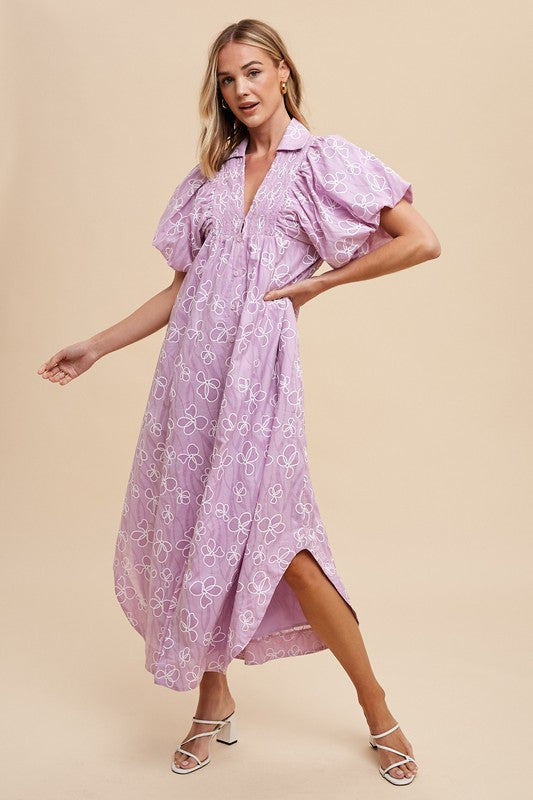 Annie Wear Floral Smock Detail Puff Sleeve Dress Pink Purple Casual Dresses