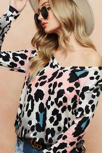 BiBi Gradation Leopard Print Soft Knit Deep U Neck Top - Shop Style & More | Fresh Looks, Everyday Deals & Free Shipping