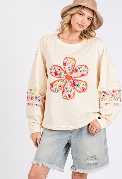 SAGE + FIG Daisy Patch Applique Long Sleeve Sweatshirt Cream Hoodies & Sweaters