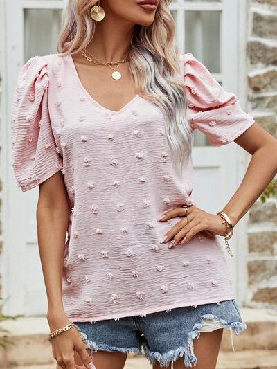 Swiss Dot Puff Sleeve Top - Short Puff Sleeve Design Blush Pink Blouses