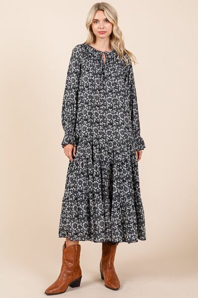 Mittoshop Printed Tie Neck Flounce Sleeve Midi Dress Casual Dresses