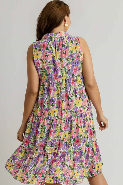 Umgee Full Size High-Low Hem Floral Sleeveless Tiered Dress Plus Size Casual Dresses