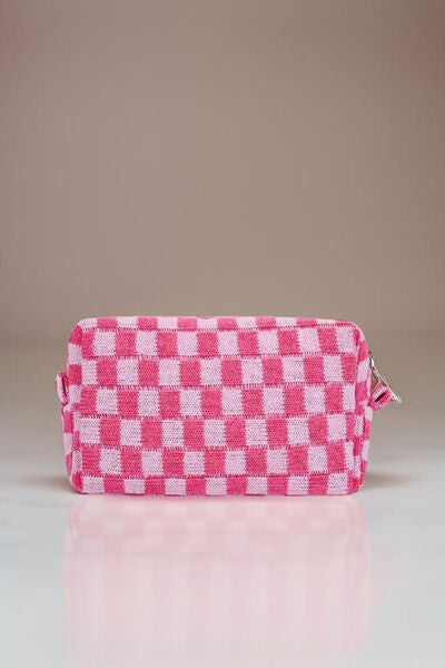 Zenana Checkered Pattern Knitted Cosmetic Pouch Pink One Size Bags